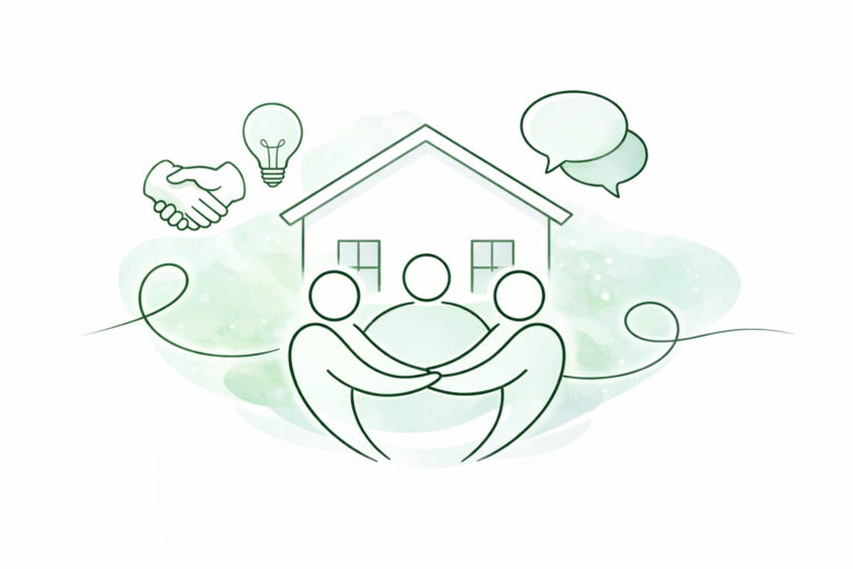 Illustration de gens qui partagent un moment devant une maison